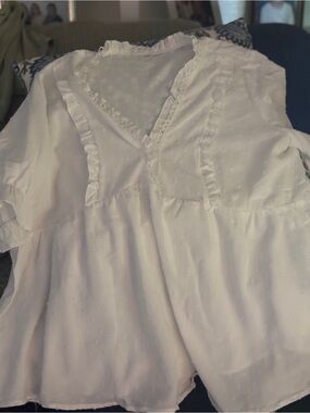Amazon White V-Neck Ruffled Swiss Dot Blouse